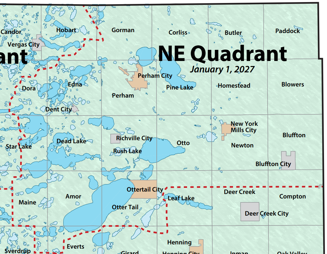 Map of the northeast quadrant of Otter Tail County denoting eligible single-sort recycling collection locations.