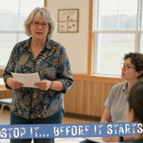 Woman speaking before a group of people with the phrase "Stop it...before it starts" superimposed on the image.